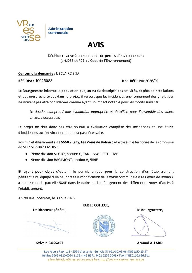 Aperçu - Avis non-évaluation des incidences PUn2026-02