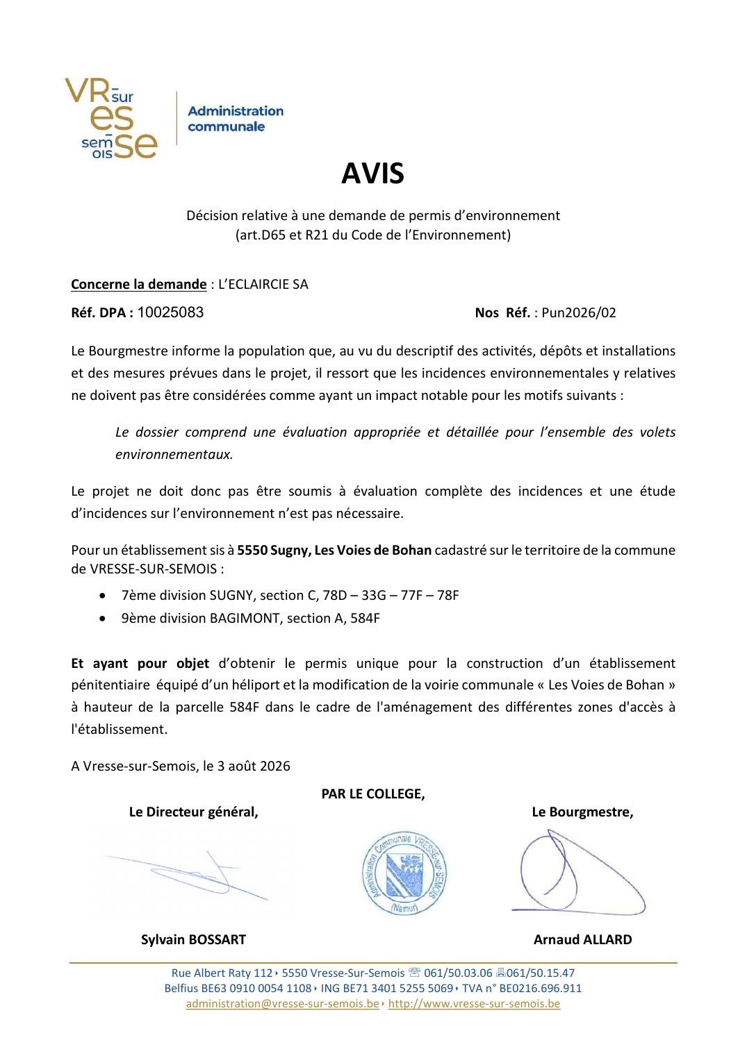 Aperçu - Avis non-évaluation des incidences PUn2026-02