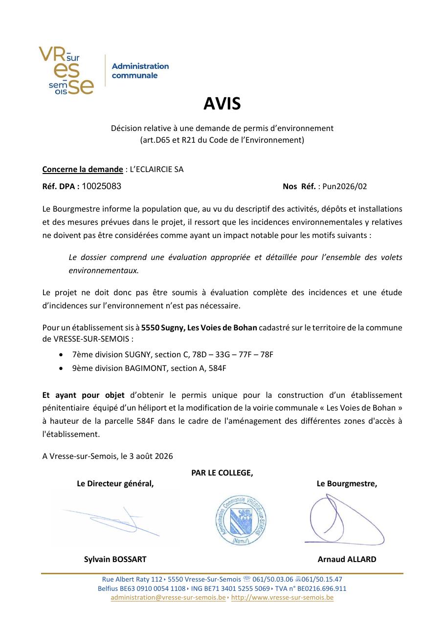 Avis - non-soumission à évaluation des incidences - PUn2026-02