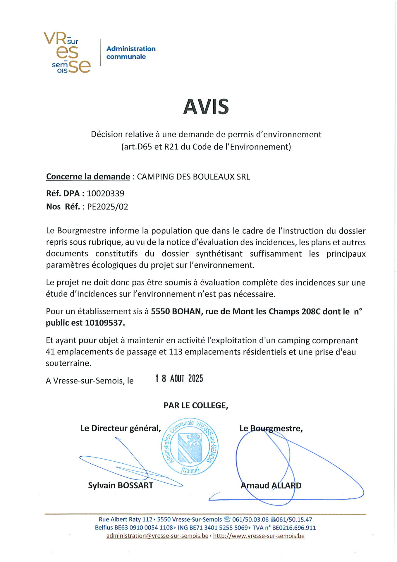 04 AVIS pas d'étude d'incidence