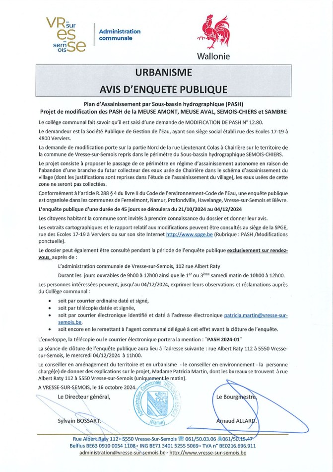 Avis d'enquête publique PASH Modifications Chairière