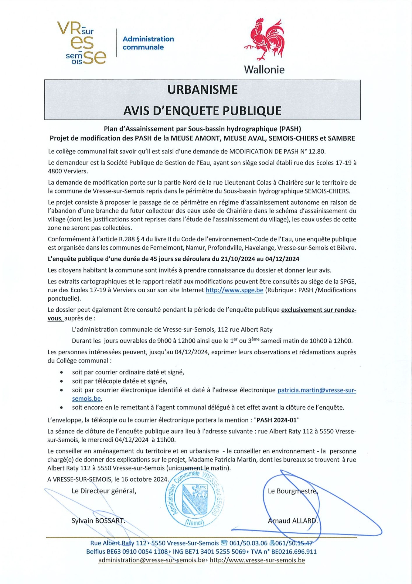 Avis d'enquête publique PASH Modifications Chairière