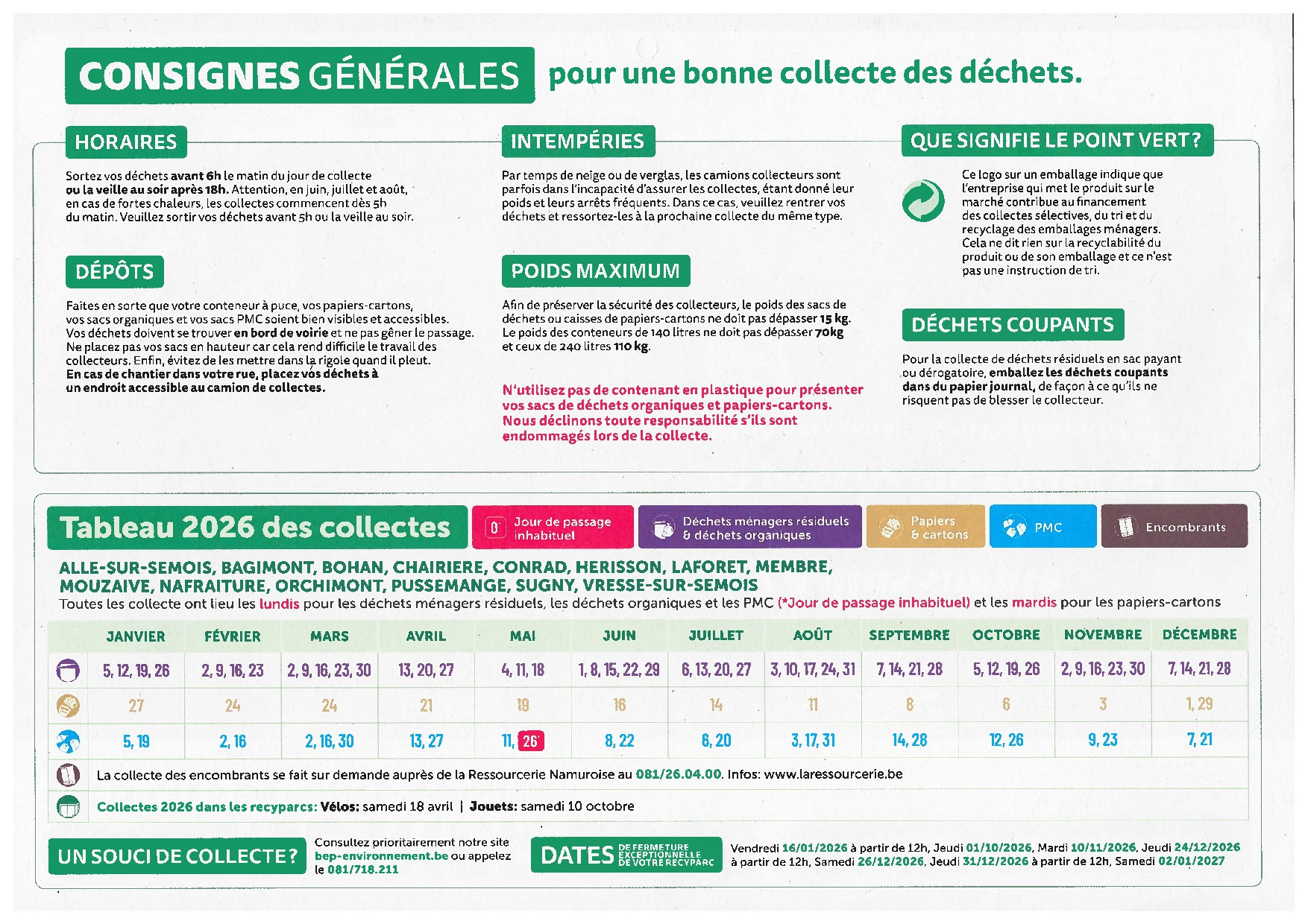 Calendrier ramassage 2026